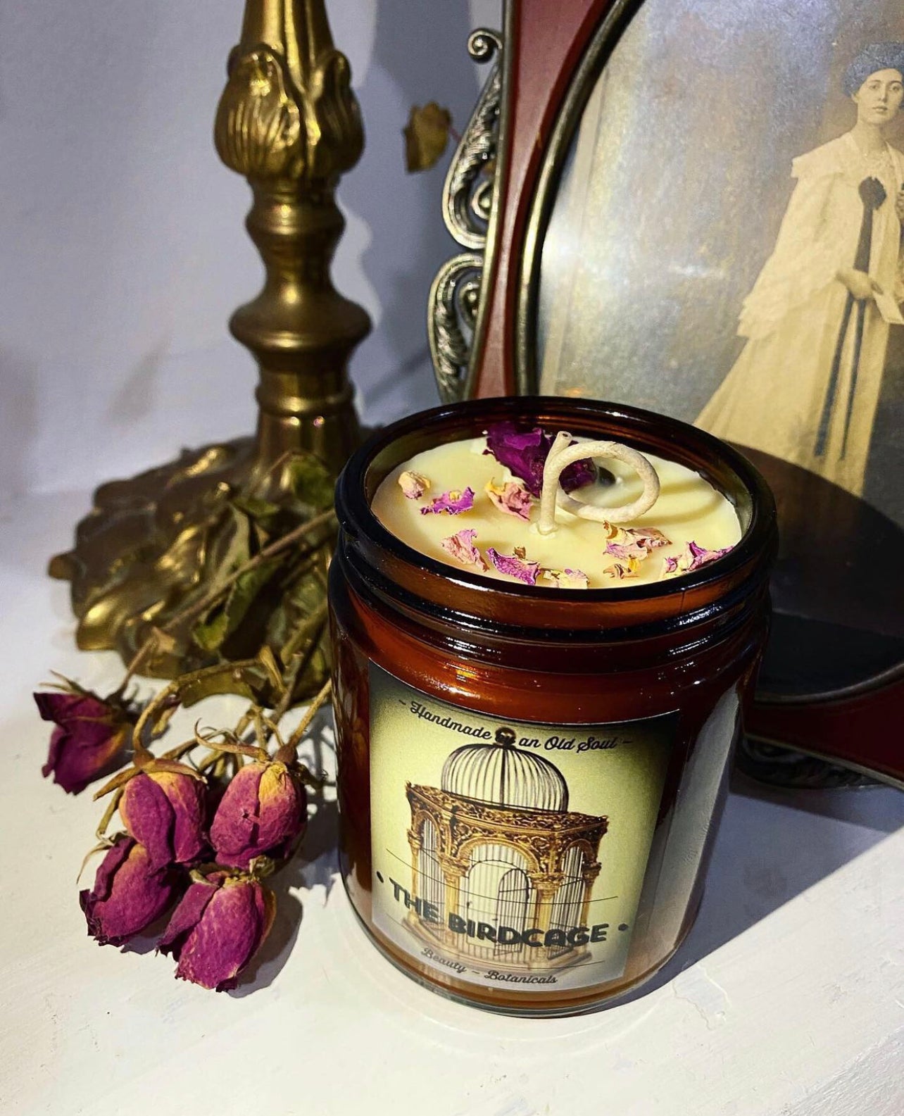 Victorian Rose & Rose Quartz Organic Beeswax Candle ~ Handmade Poured ~ Essential Oils ~ Healing properties