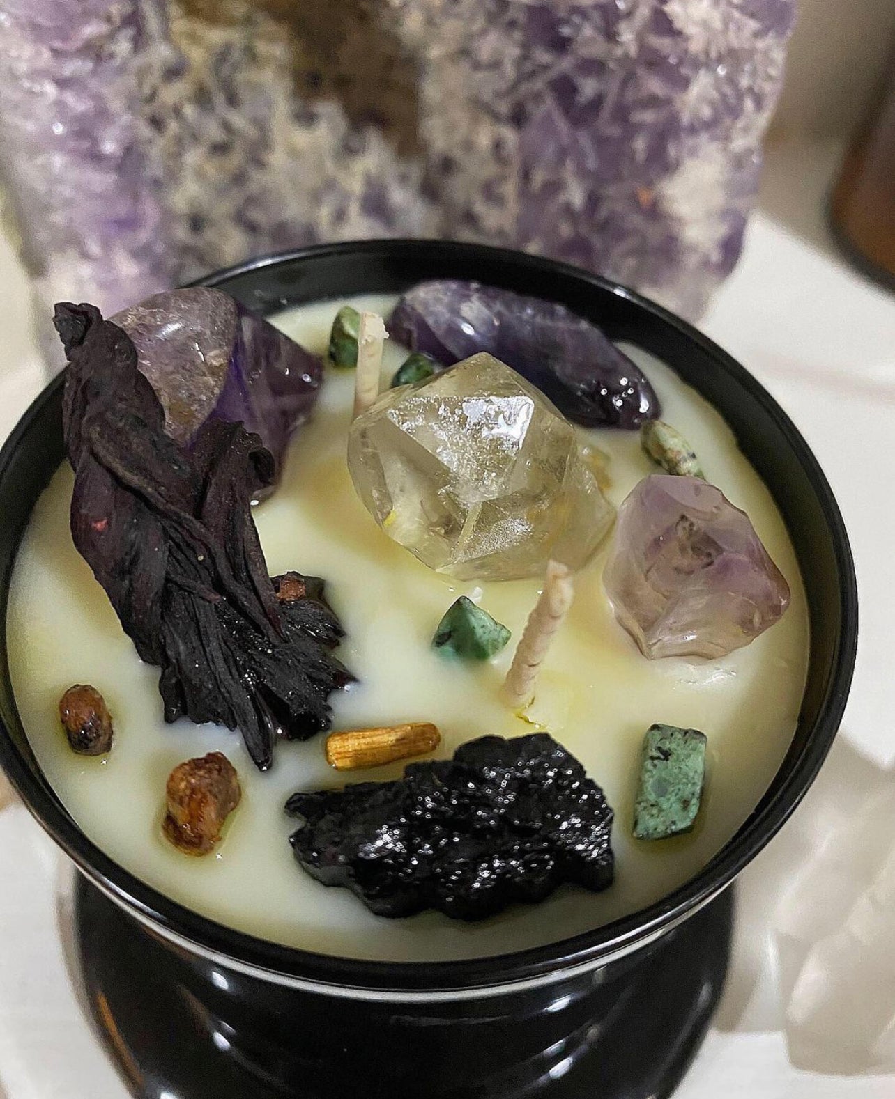 Old Soul Crystal Candle* ~ Black Gloss Bell Jar Custom Creations w/ Healing Crystals and herbs ~ All Natural Candles ~ Essential Oils Only