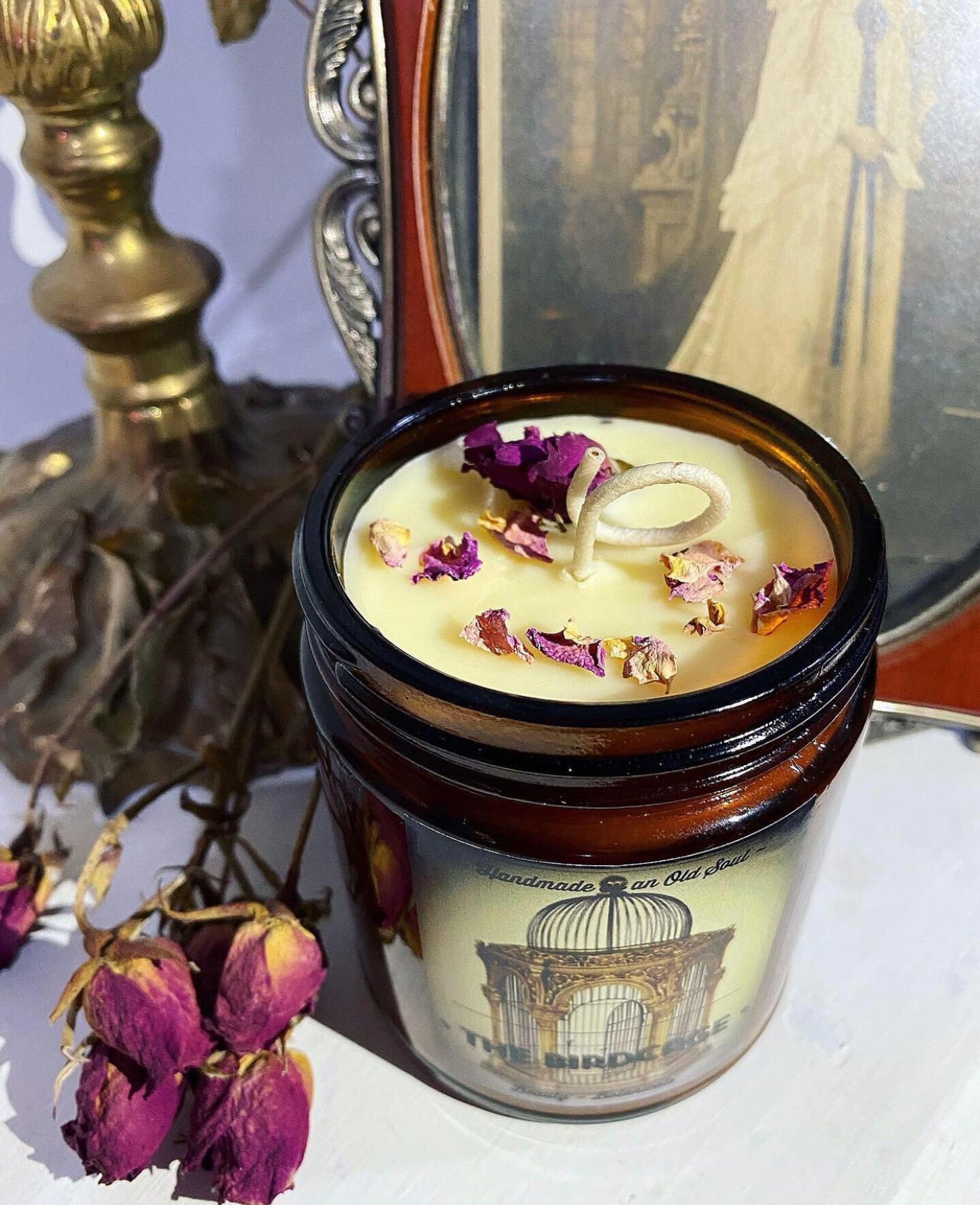 Victorian Rose & Rose Quartz Organic Beeswax Candle ~ Handmade Poured ~ Essential Oils ~ Healing properties