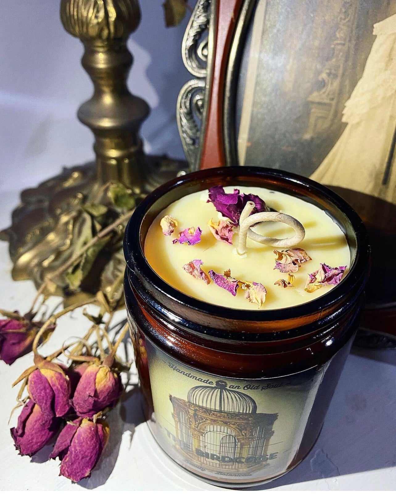 Victorian Rose & Rose Quartz Organic Beeswax Candle ~ Handmade Poured ~ Essential Oils ~ Healing properties
