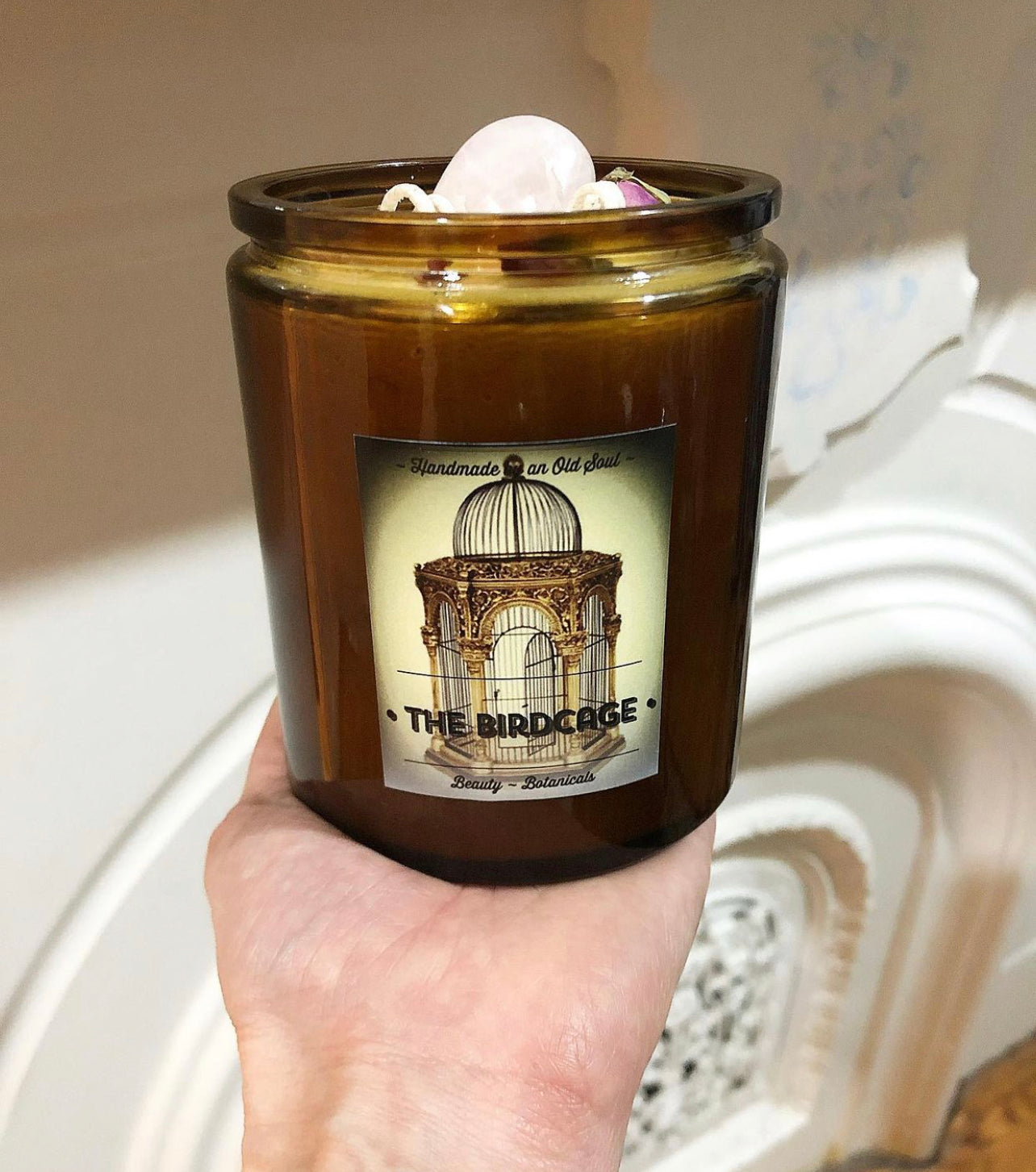 Victorian Rose & Rose Quartz Organic Beeswax Candle ~ Handmade Poured ~ Essential Oils ~ Healing properties