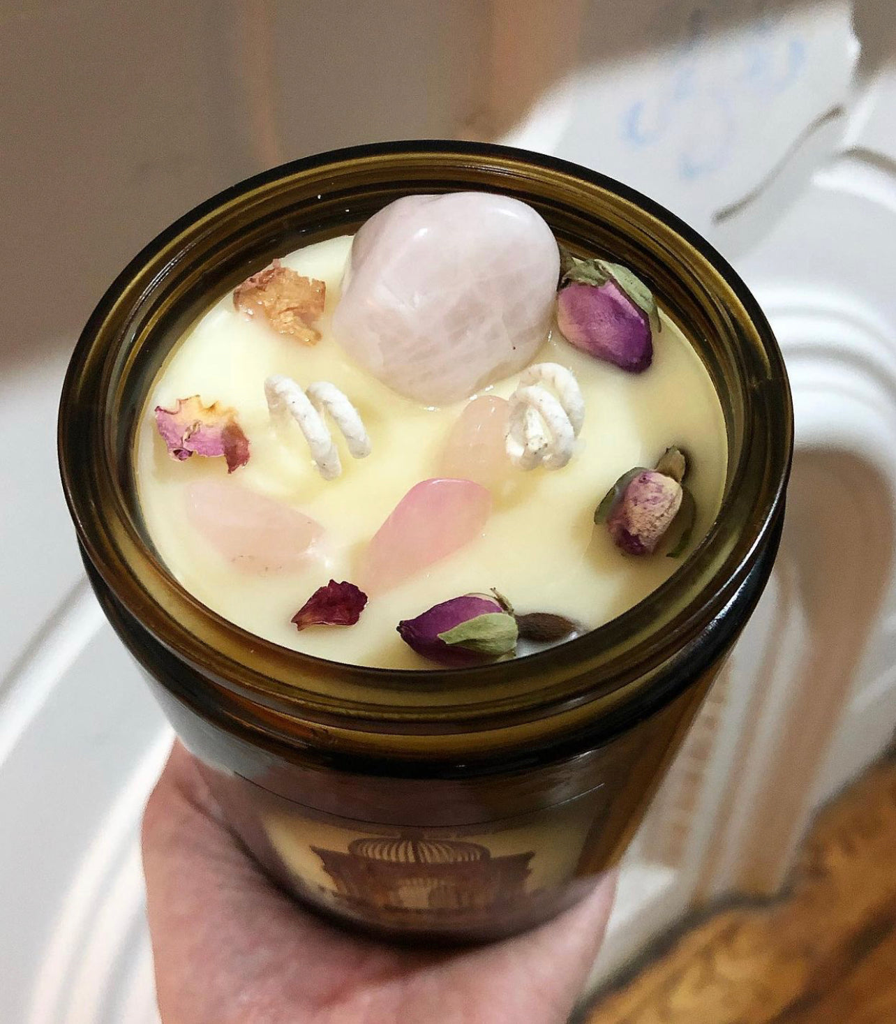 Victorian Rose & Rose Quartz Organic Beeswax Candle ~ Handmade Poured ~ Essential Oils ~ Healing properties