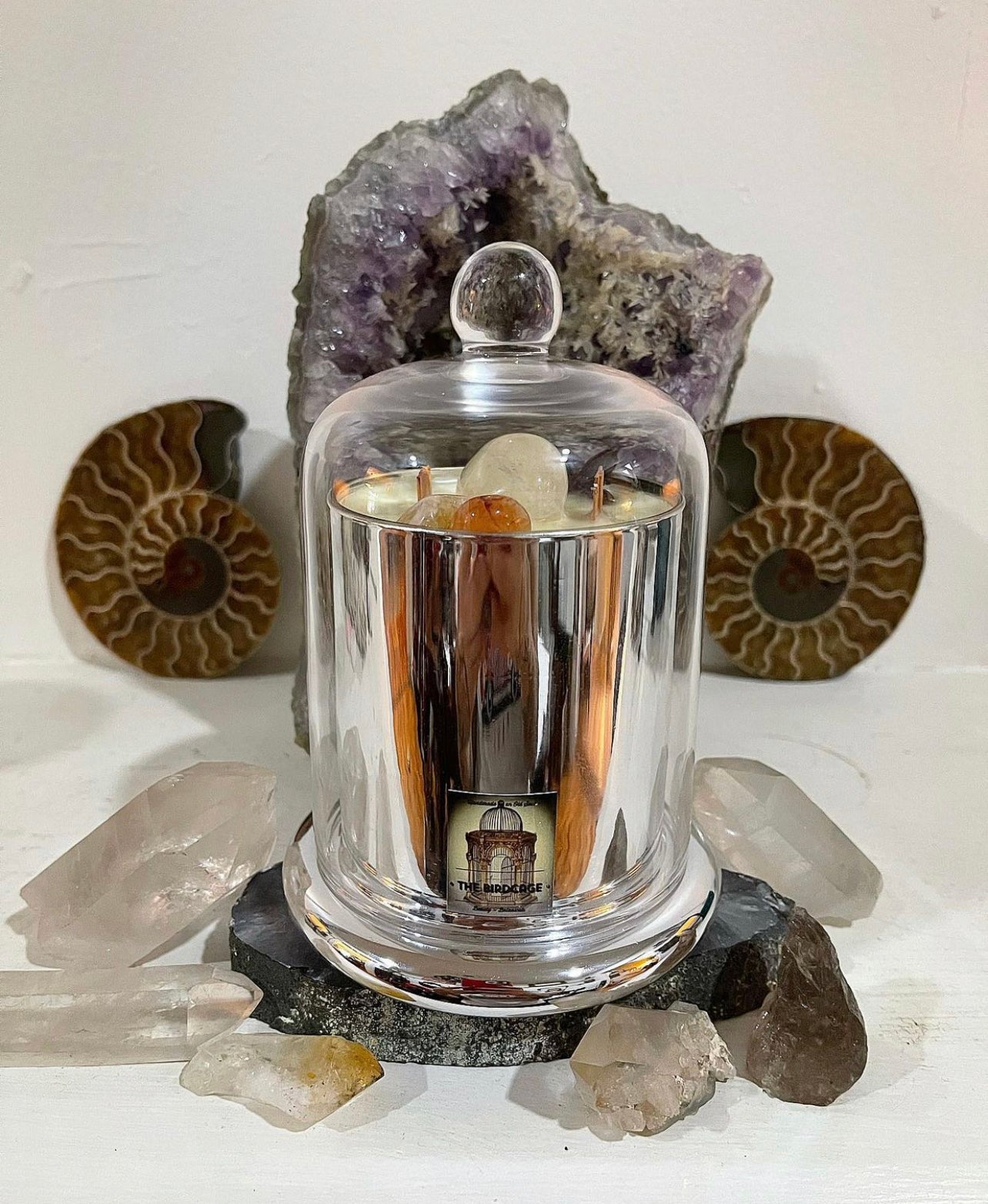 Old Soul Crystal Candle* ~Metallic Silver Bell Jar Vessel ~ Custom Creations w/ Healing Crystals and herbs~ All Natural~ Essential Oils Only