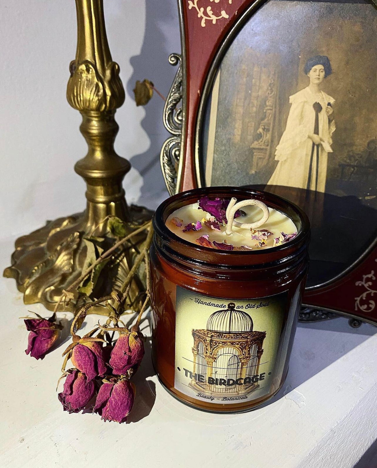 Victorian Rose & Rose Quartz Organic Beeswax Candle ~ Handmade Poured ~ Essential Oils ~ Healing properties