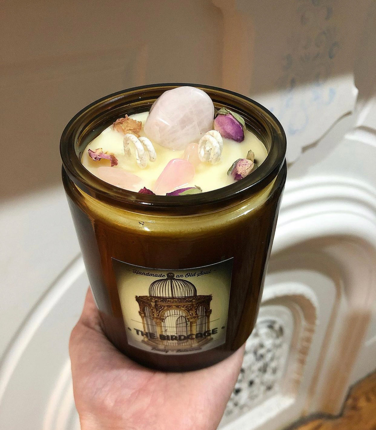 Victorian Rose & Rose Quartz Organic Beeswax Candle ~ Handmade Poured ~ Essential Oils ~ Healing properties