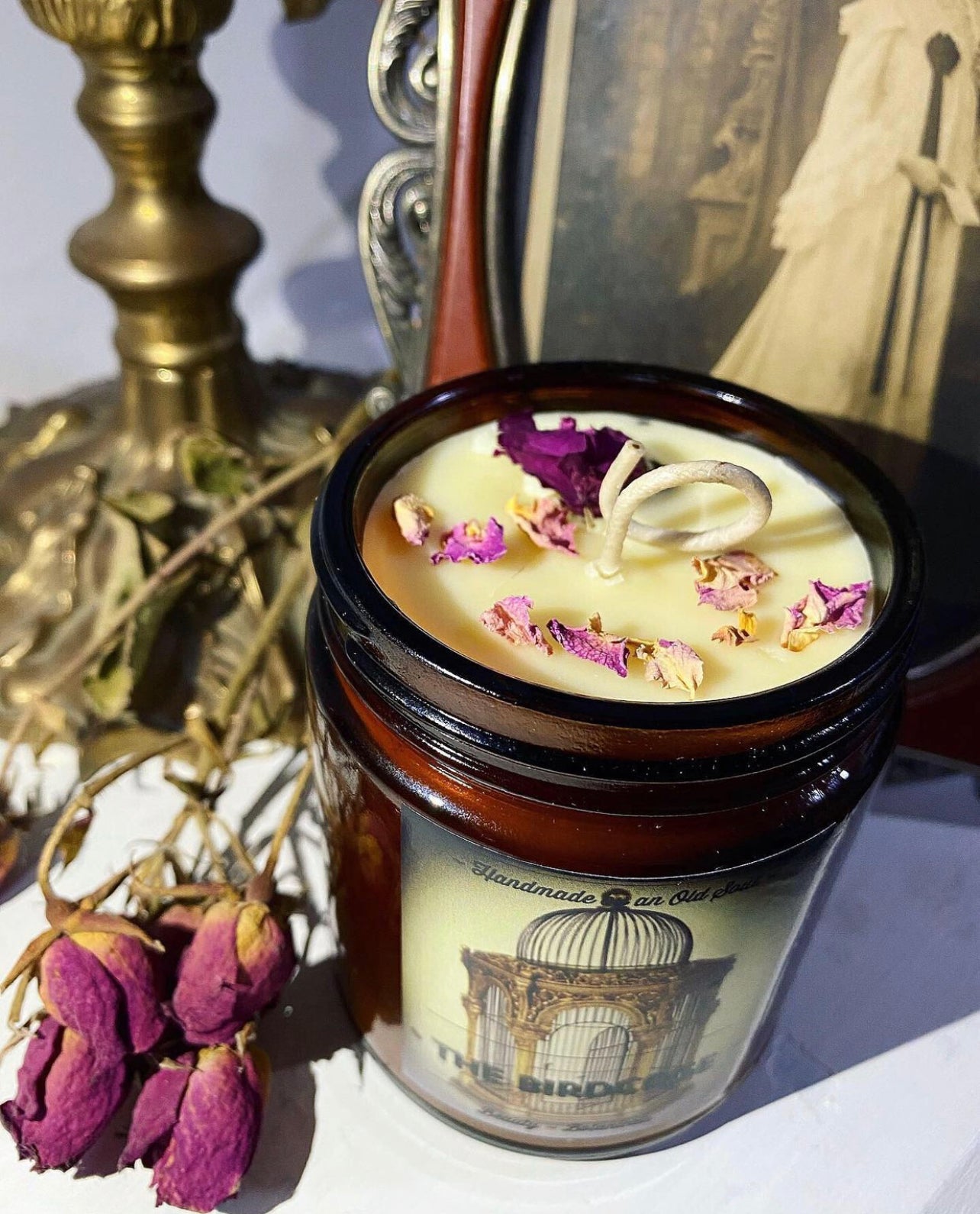 Victorian Rose & Rose Quartz Organic Beeswax Candle ~ Handmade Poured ~ Essential Oils ~ Healing properties