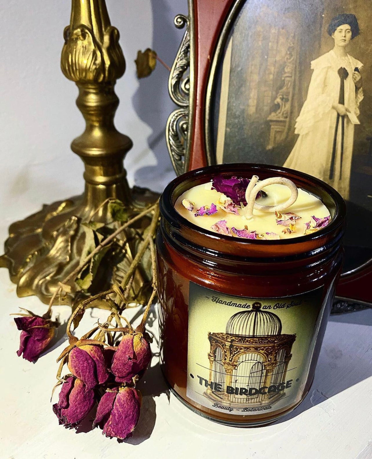 Victorian Rose & Rose Quartz Organic Beeswax Candle ~ Handmade Poured ~ Essential Oils ~ Healing properties