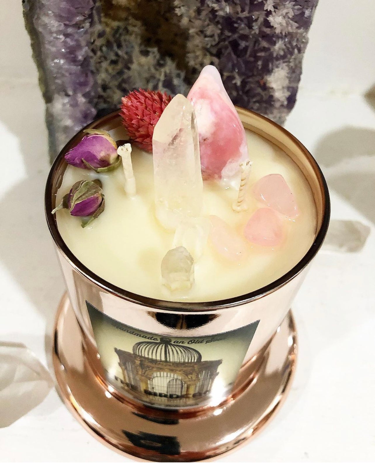 Rose Gold Natasha Vessel ~ w/Rose Quartz, Citrine & The Flower of Immortality ~Customized Candle creations ~Essential Oils