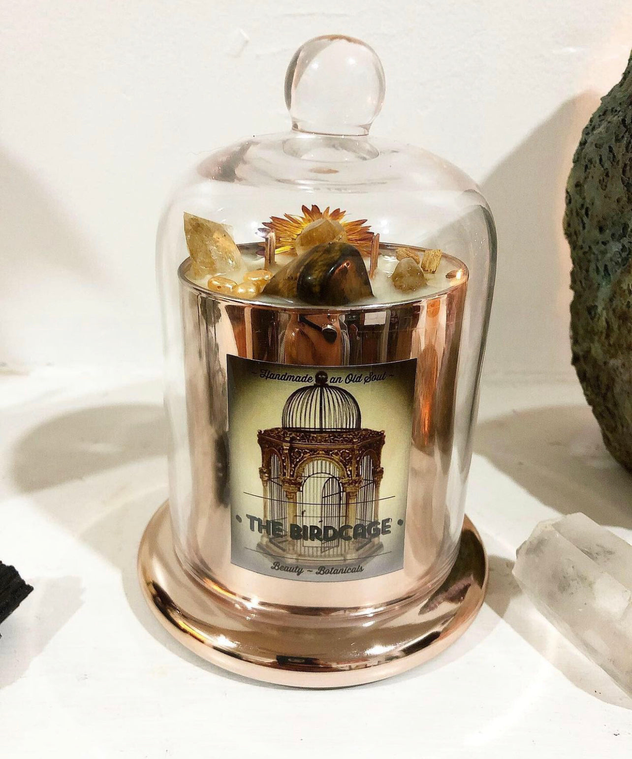 Rose Gold Natasha Vessel ~ w/Rose Quartz, Citrine & The Flower of Immortality ~Customized Candle creations ~Essential Oils