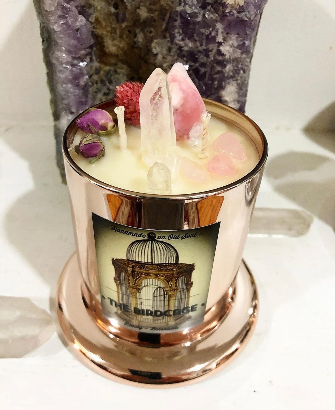 Rose Gold Natasha Vessel ~ w/Rose Quartz, Citrine & The Flower of Immortality ~Customized Candle creations ~Essential Oils