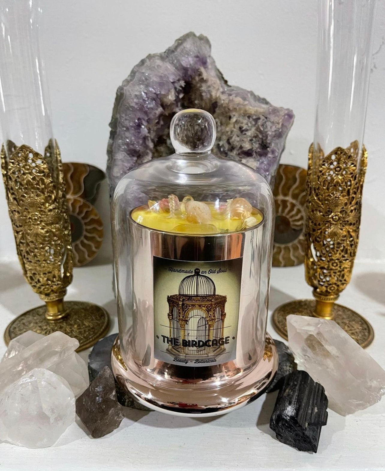 Rose Gold Natasha Vessel ~ w/Rose Quartz, Citrine & The Flower of Immortality ~Customized Candle creations ~Essential Oils