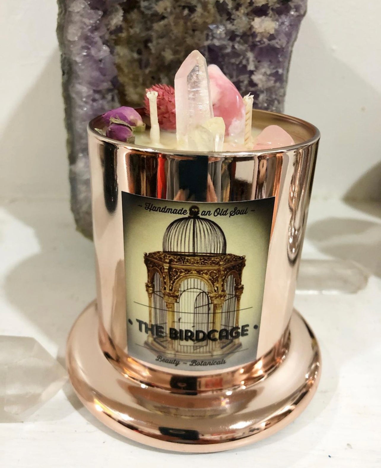 Rose Gold Natasha Vessel ~ w/Rose Quartz, Citrine & The Flower of Immortality ~Customized Candle creations ~Essential Oils