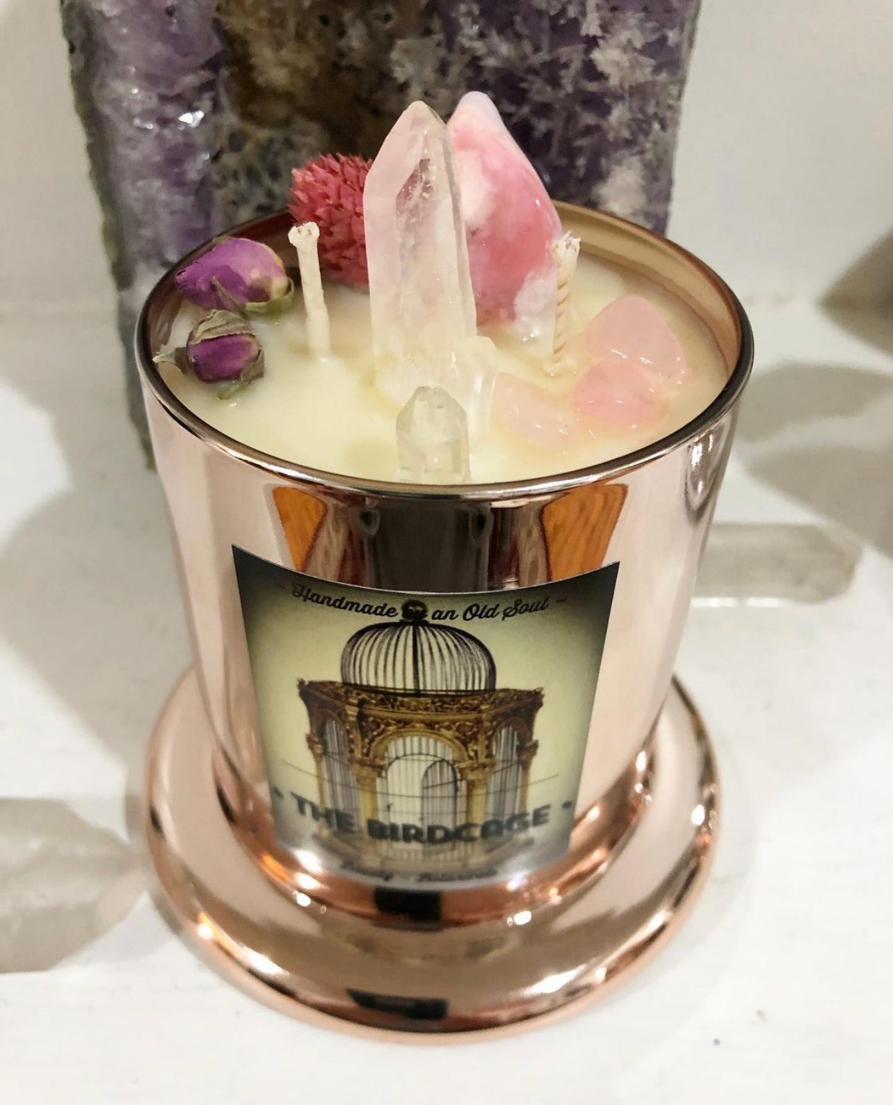 Rose Gold Natasha Vessel ~ w/Rose Quartz, Citrine & The Flower of Immortality ~Customized Candle creations ~Essential Oils