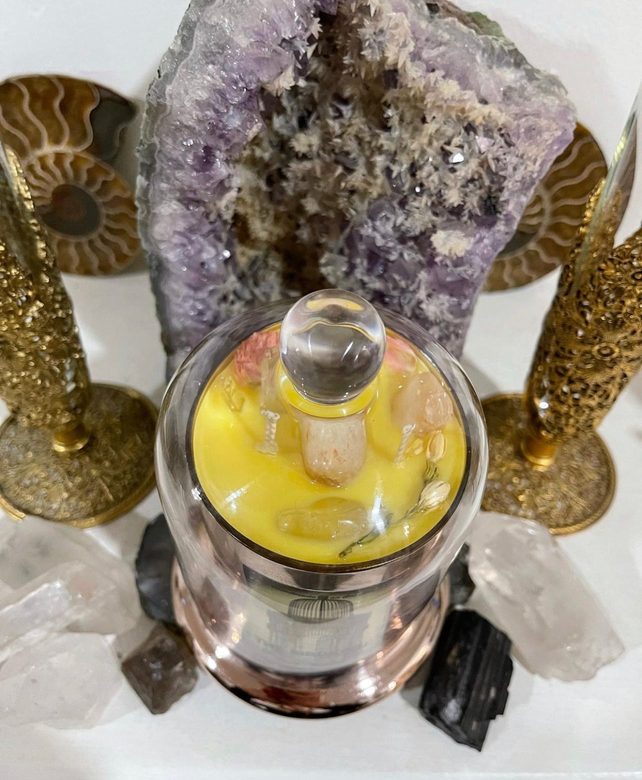 Rose Gold Natasha Vessel ~ w/Rose Quartz, Citrine & The Flower of Immortality ~Customized Candle creations ~Essential Oils