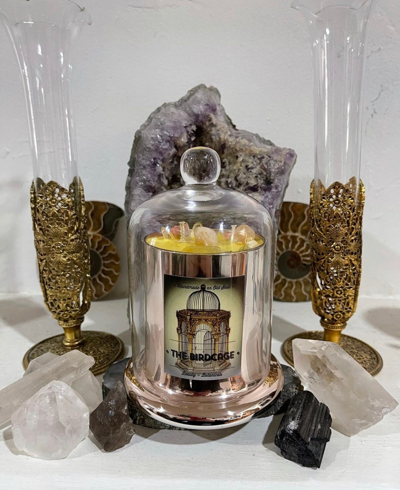 Rose Gold Natasha Vessel ~ w/Rose Quartz, Citrine & The Flower of Immortality ~Customized Candle creations ~Essential Oils