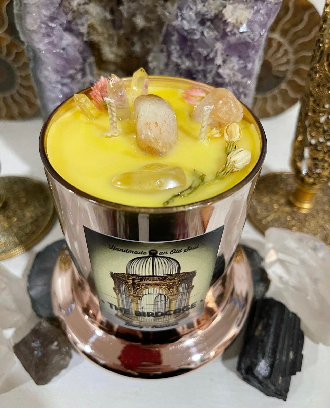 Rose Gold Natasha Vessel ~ w/Rose Quartz, Citrine & The Flower of Immortality ~Customized Candle creations ~Essential Oils