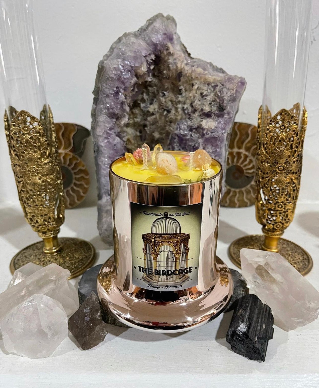 Rose Gold Natasha Vessel ~ w/Rose Quartz, Citrine & The Flower of Immortality ~Customized Candle creations ~Essential Oils