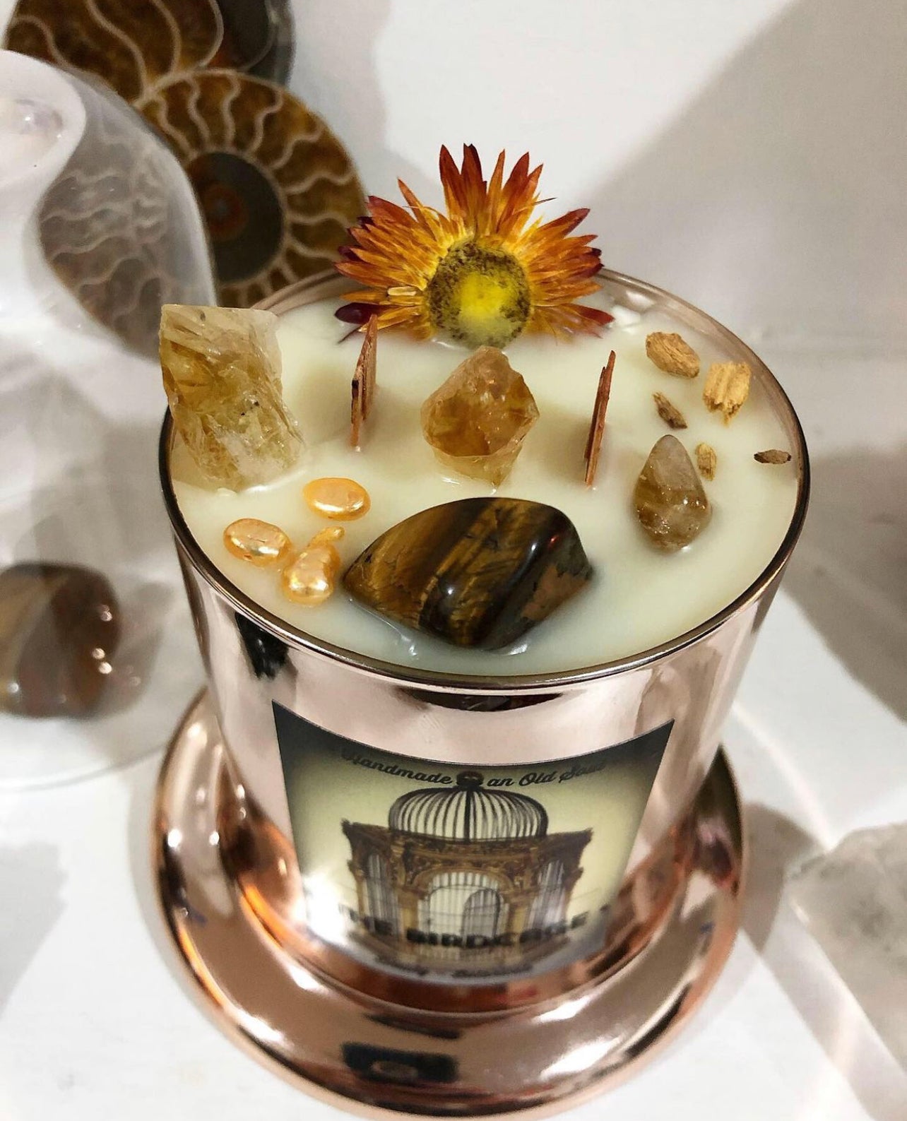 Rose Gold Natasha Vessel ~ w/Rose Quartz, Citrine & The Flower of Immortality ~Customized Candle creations ~Essential Oils