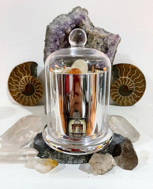 Old Soul Crystal Candle* ~Metallic Silver Bell Jar Vessel ~ Custom Creations w/ Healing Crystals and herbs~ All Natural~ Essential Oils Only